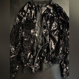Amazon Women's Mermaid Sequin Lightweight Zipper Bomber Jacket (Small, Black)